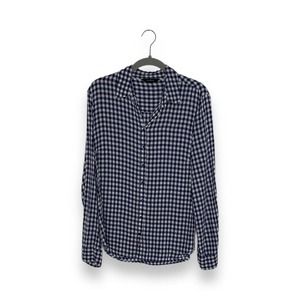 Paradigma Blue White Gingham Check Plaid Long Sleeve Roll Tab Shirt Top